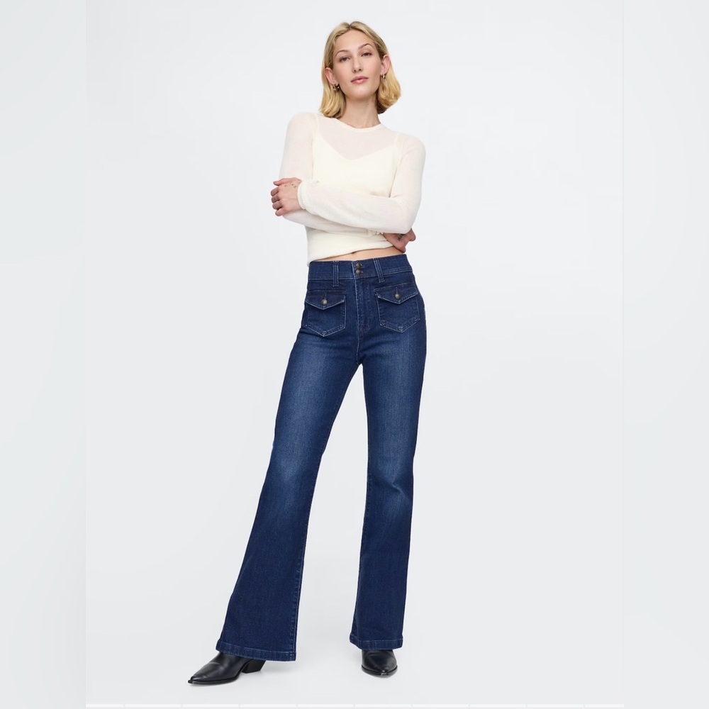 GAP High Rise '70s Flare Jeans with Washwell (33 Regular, Dark Indigo)